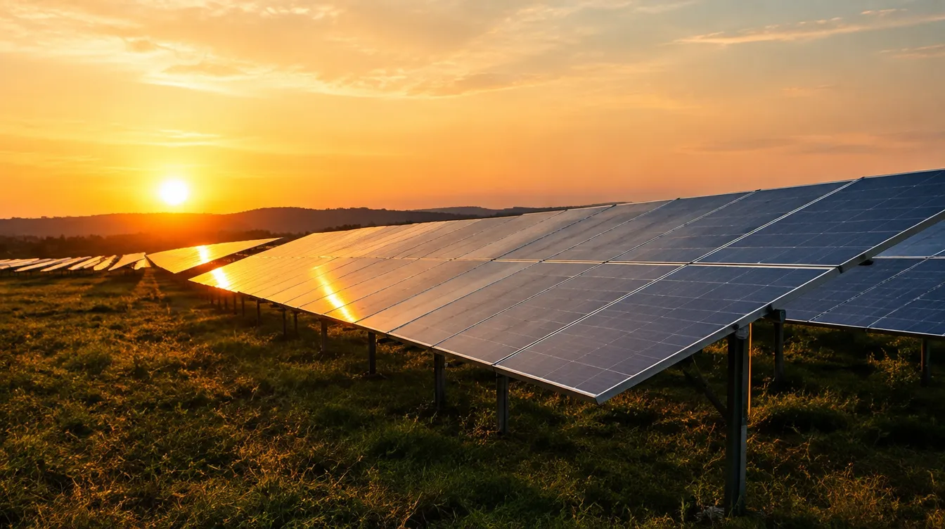 Rangées de panneaux photovoltaïques au sol, au soleil couchant.