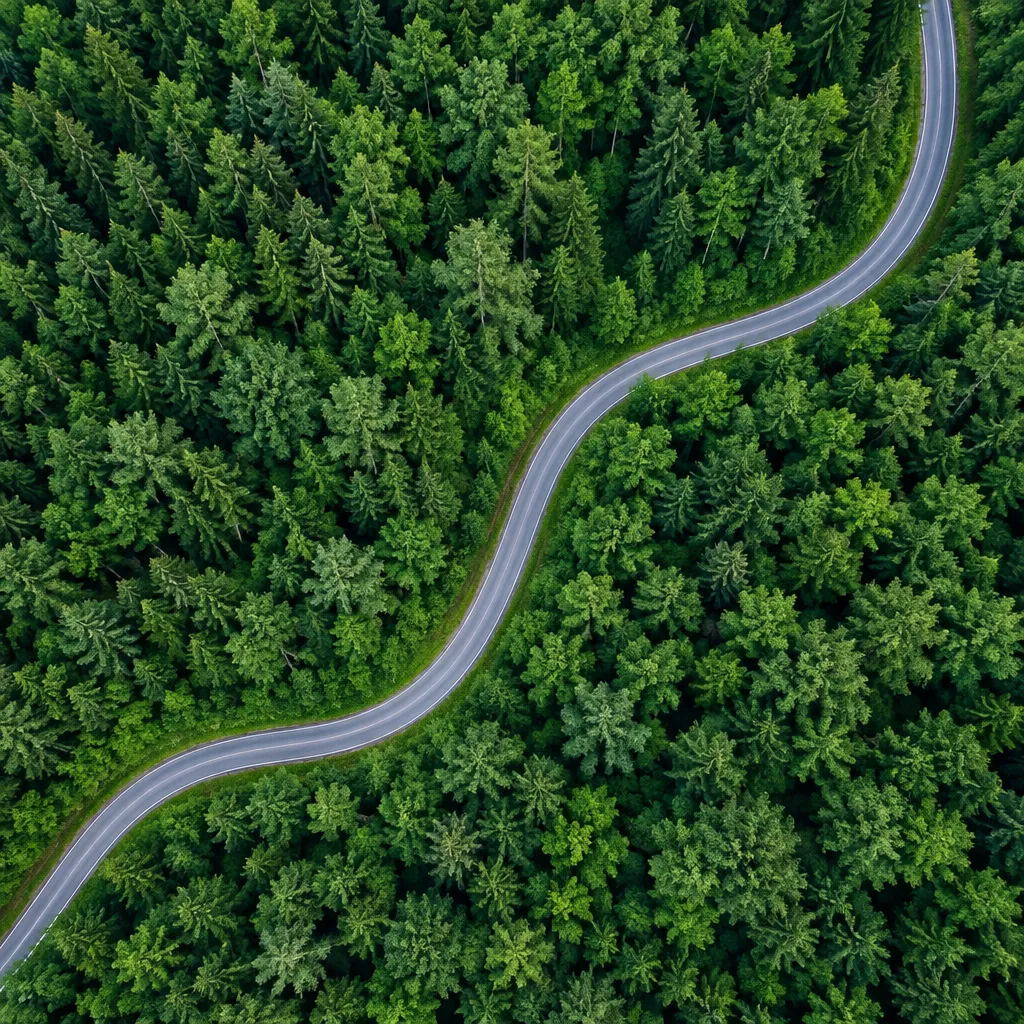 Une route qui traverse une forêt dense, vue du ciel.