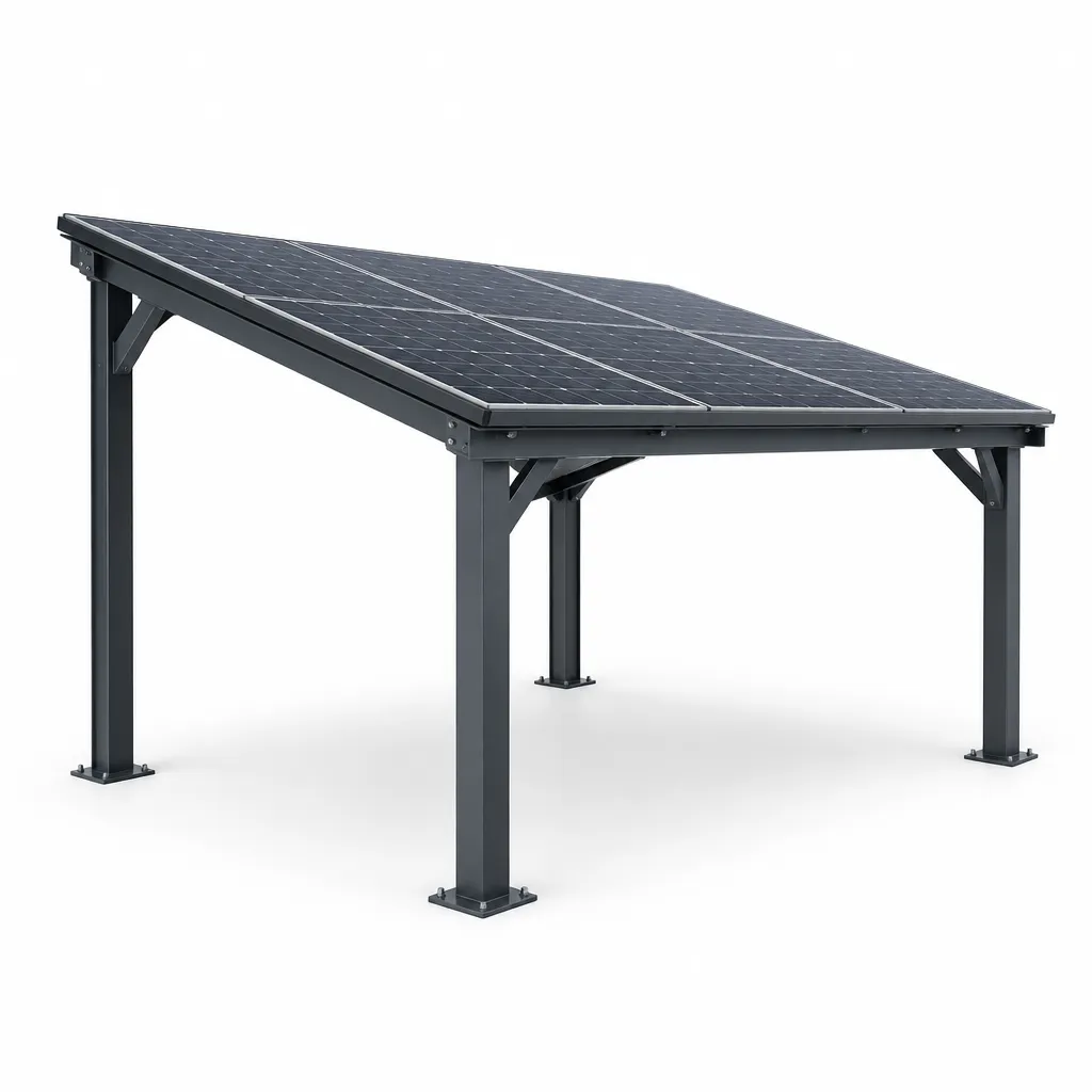 Structure d’ombrière photovoltaïque sur fond blanc.