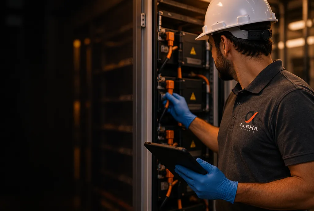 Un technicien Alpha Service, casque et gants, intervient sur une armoire électrique.